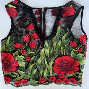 Rose Embroidered Lace Zip up Crop Top